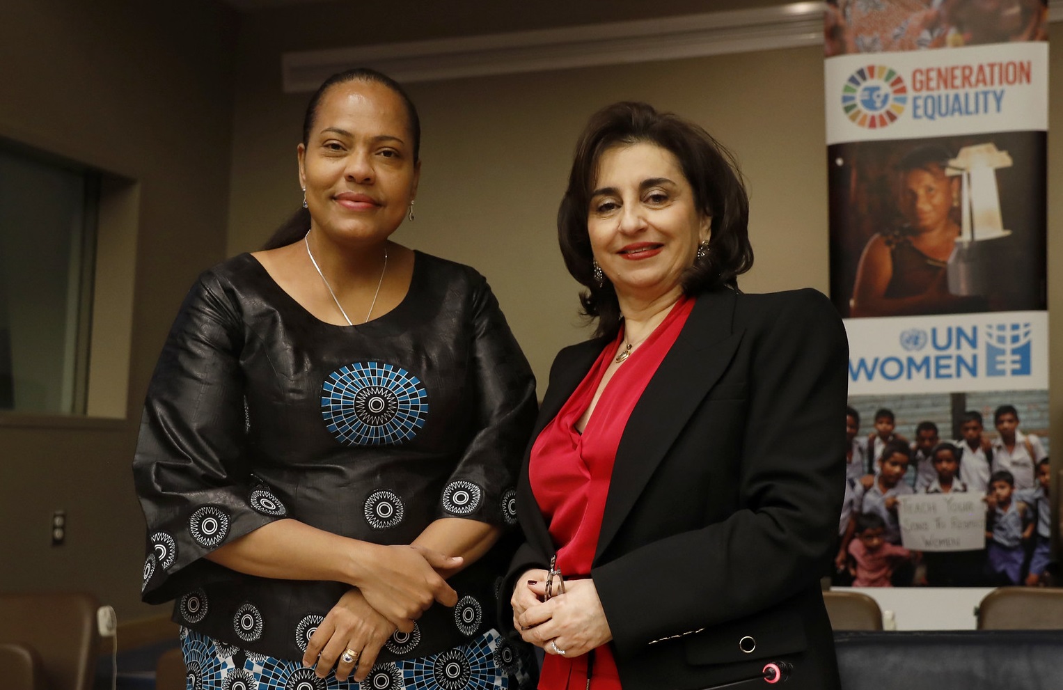 Ms. Angellah Kairuki, Minister of State United Republic of Tanzania, and Ms. Sima Bahous, Executive Director of UN Women, announced the Generation Equality Midpoint, which will be co-hosted by Tanzania. Photo: UN Women / Ryan Brown