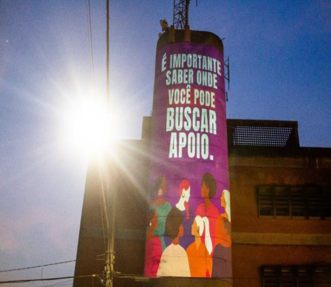 A phone line to report GBV cases was enabled and promoted on signs projected in buildings in Sao Paulo as part of the City’s implementation of its Generation Equality commitments. Photo: City of Sao Paulo.