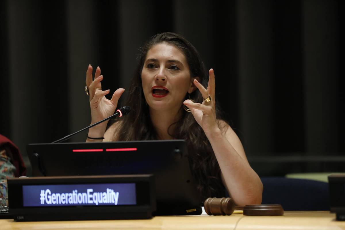 Co-founder of Young Feminist EU (European Union) and member of the Generation Equality Global Advisory Group Xenia Kellner at the Generation Equality Midpoint Moment, United Nations Headquarters, New York, 17 September 2023. Photo: UN Women/Ryan Brown.