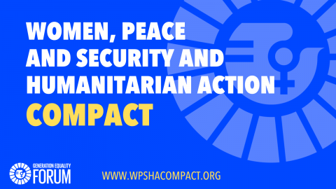 Blue image card with Generation Equality logo, reading Women, Peace and Security and Humanitarian Action Compact