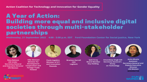 White text against a pink and purple background reads Action Coalition for Technology and Innovation for Gender Equality, A year of Action: Building more equal and inclusive digital societies through multi-stakeholder partnerships. Headshots of the seven speakers are lined up below.