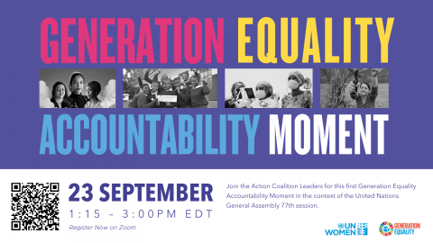 Purple background with the words generation Equality Accountability Moment in pink, yellow, blue and white over the top. Black and white images of women are in a row in the middle. 